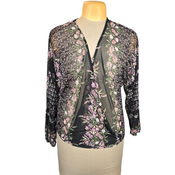 Willow + Root Womens XS Mesh Sheer Top Floral Faux Wrap Cover Up Topper Feminine - Picture 1 of 10